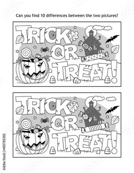 Fototapeta Halloween "Trick or treat!" find the differences picture puzzle and coloring page
