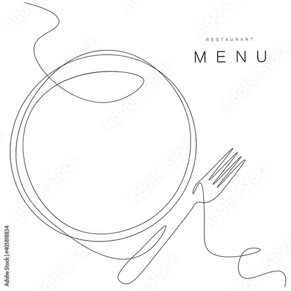 Fototapeta Menu restaurant background with plate and fork, vector illustration