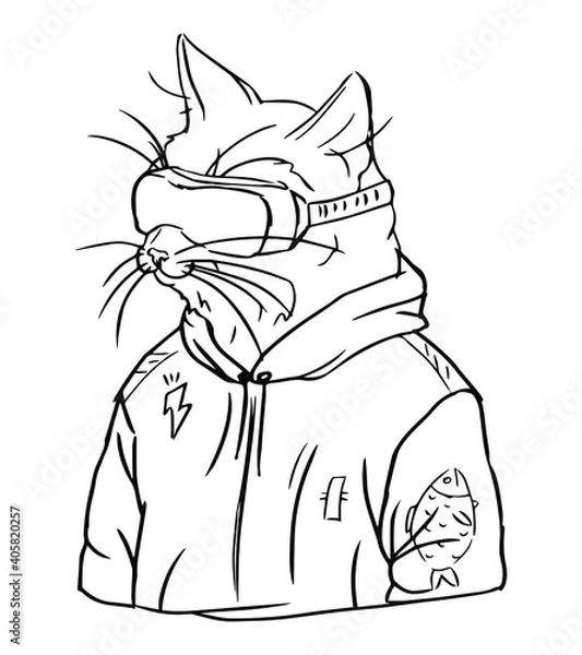 Fototapeta black lines cartoon cat in vr 
glasses in korean urban style on white background, editable vector illustration
