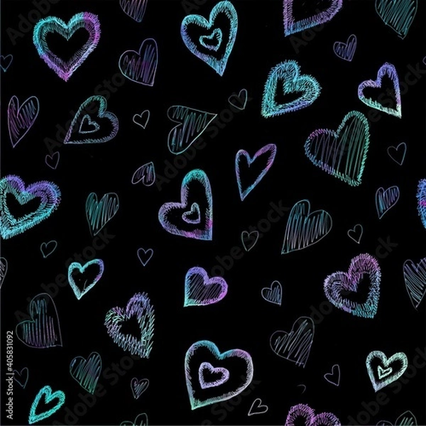 Obraz Seamless pattern with shaggy hearts in cold (blue, lilac, emerald) colors on a black background.  Graphic illustration.  Background for textiles, postcards, wrapping paper, prints, wallpaper.  Love