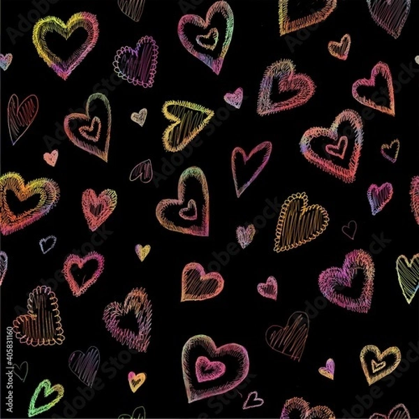 Obraz Seamless pattern with shaggy hearts in warm (pink, yellow, orange) colors on a black background.  Graphic illustration.