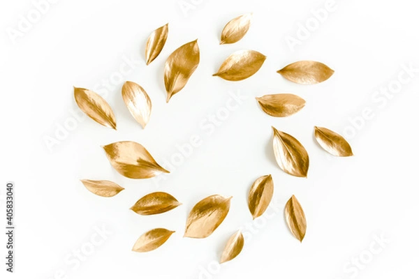 Obraz Pattern, texture with gold leaves isolated on white background. flat lay, top view