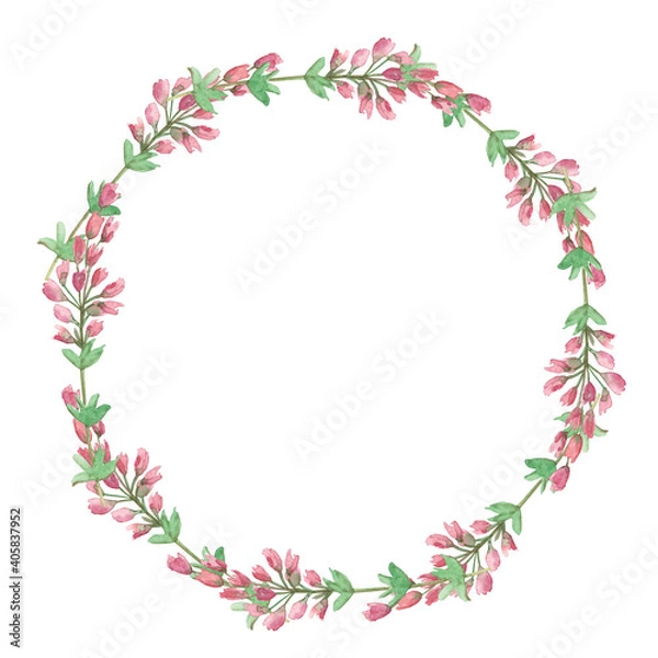 Fototapeta Watercolor hand painted nature circle border frame with pink heather flowers and green leaves on branch wreath bouquet on the white background for invite and greeting card with space for text