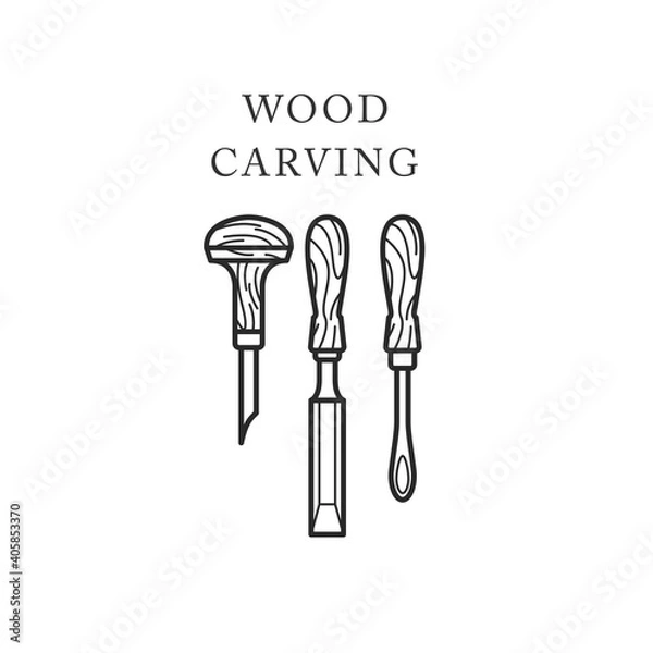 Obraz Ikona narzędzi do rzeźby drewna, logo z dłuta, emblemat grawerowania drewna, wektor