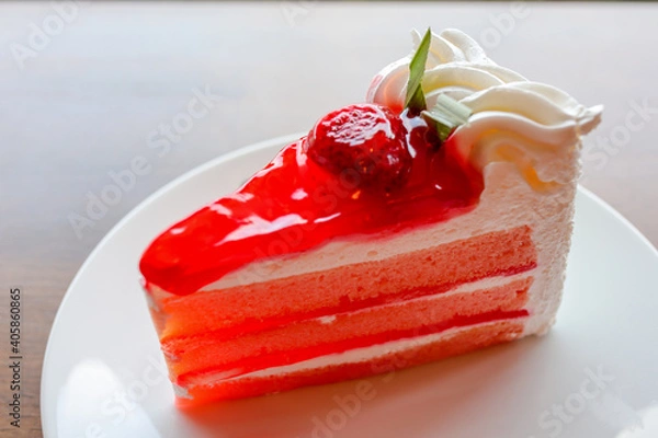 Obraz Strawberry cake on a white plate