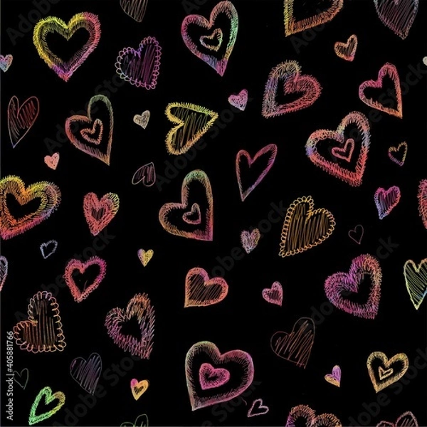 Obraz Seamless pattern with shaggy hearts in cold (blue, lilac, emerald) colors on a black background.  Graphic illustration. Background for textiles, postcards, wrapping paper, prints, wallpaper.