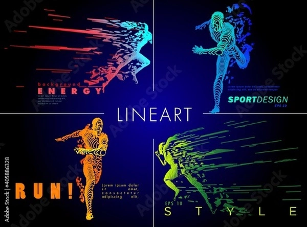 Fototapeta Art concept of a running man. Vector drawn by color lines. Minimal cover design. Creative line-art set.