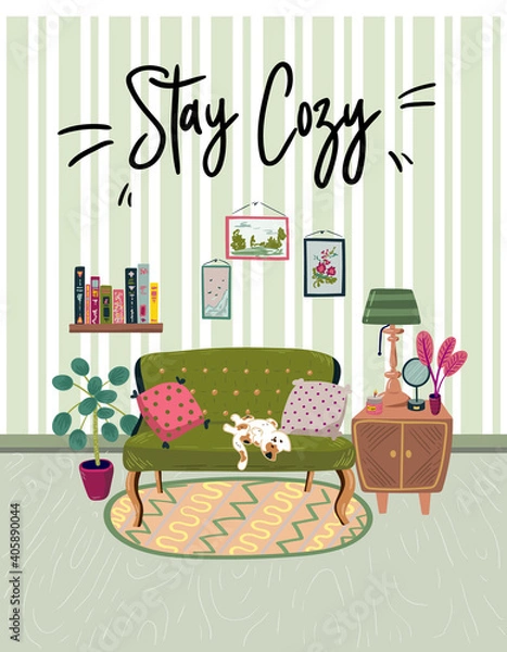 Obraz Stay at home. Set of stylish scandinavian apartment design elements for self-isolation during quarantine and other use. Flat vector cartoon illustration isolated on white background