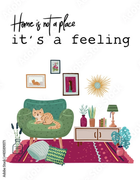 Obraz Stay at home. Set of stylish scandinavian apartment design elements for self-isolation during quarantine and other use. Flat vector cartoon illustration isolated on white background