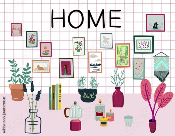 Obraz Stay at home. Set of stylish scandinavian apartment design elements for self-isolation during quarantine and other use. Flat vector cartoon illustration isolated on white background