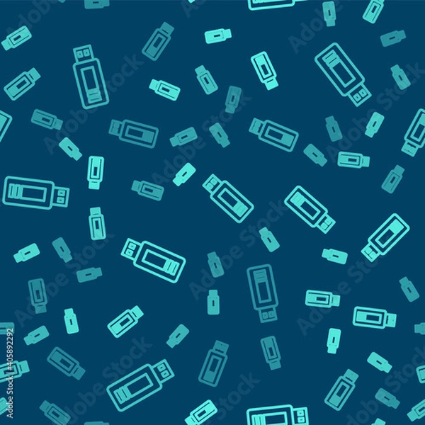 Fototapeta Green line USB flash drive icon isolated seamless pattern on blue background. Vector.