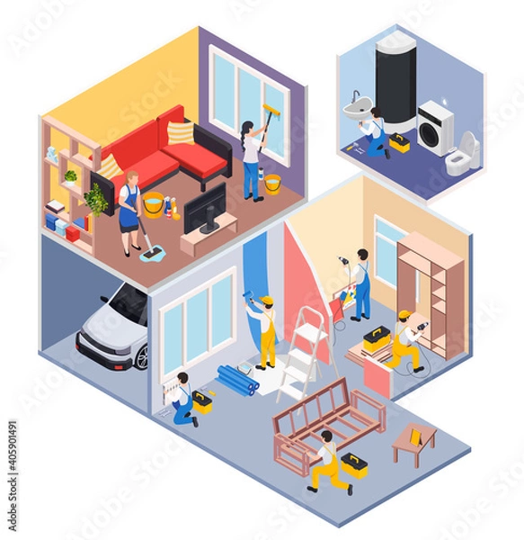 Fototapeta Rooms Renovation Isometric Composition
