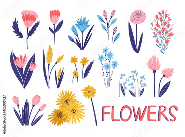 Fototapeta Set of tulips, roses, lilies of the valley, сalendula, asters and other different flowers. Bright color. Hand drawn vector illustration in doodle style. For web, stickers and another print design.