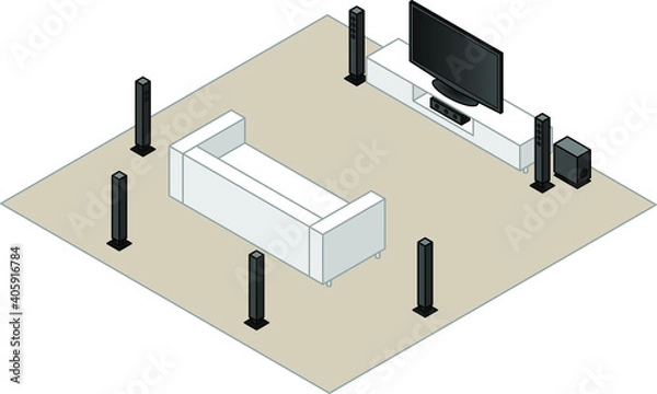 Fototapeta A 7.1 home theatre setup.With a subwoofer, centre speaker,2 front speakers, 2 side speakers and 2 back speakers.