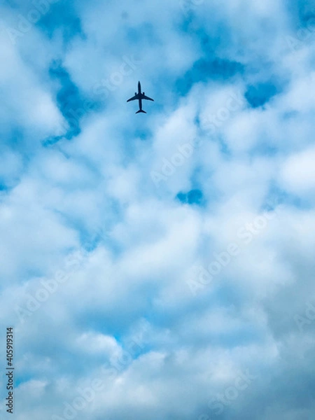Fototapeta A plane that flies in the blue sky among the white lush clouds. Bright sunny day