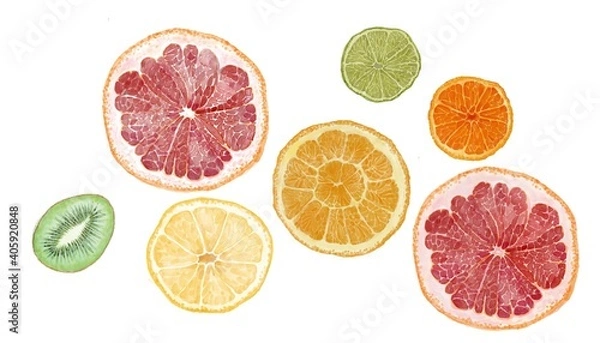 Obraz Round slices of citrus fruits (orange, grapefruit, tangerine, lemon, lime, kiwi.) On a white background