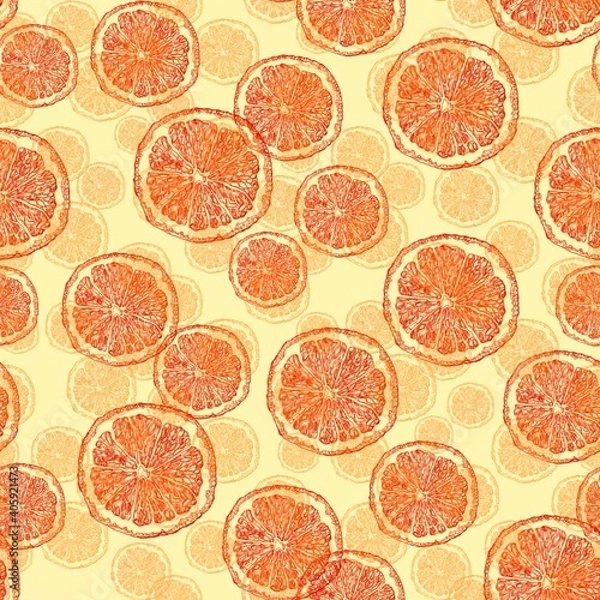 Obraz Seamless pattern with slices of orange oranges and green limes on a light warm background.  Graphic illustration.  Background for textiles, postcards, wrapping paper, prints, wallpaper.