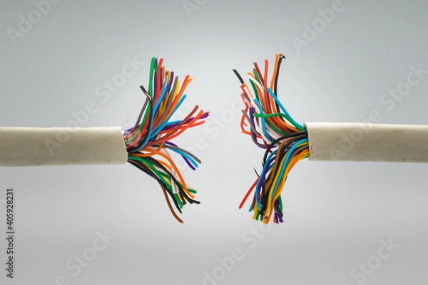 Fototapeta Damaged stranded cable. Internet communication channel disabled. Network troubleshooting.