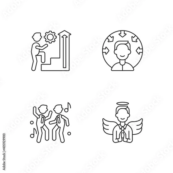 Obraz Business vision linear icons set. Customer centricity. Office fun with coworker. Business humility. Customizable thin line contour symbols. Isolated vector outline illustrations. Editable stroke
