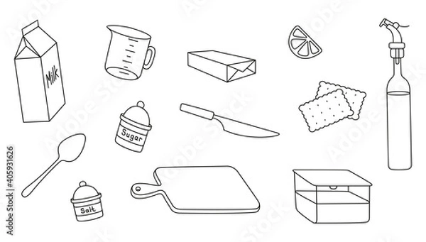 Obraz Vector fresh ingredients for baking, cookies: milk, lemon, sugar, butter and vegetable oil. Kitchen items: cutting board, knife, spoon and container