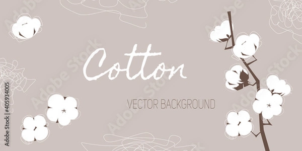 Obraz Vector neutral soft background with branch of cotton and abstract line elements. 