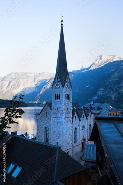 Obraz Church in Hallstatt at sunset. Austrian Alps.