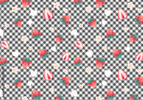 Obraz ギンガムチェックと苺のパターン