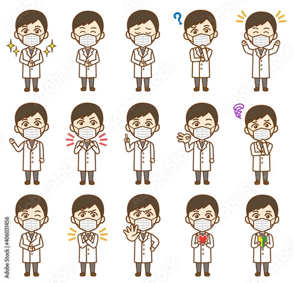 Fototapeta マスクを付けた男性医師の色々なポーズと表情 バリエーションセット