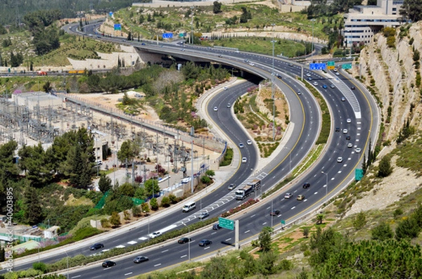 Fototapeta highway with many cars in Jerusalem, top view