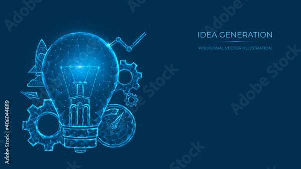 Obraz Abstract polygonal vector illustration of idea generation. Low poly light bulb concept made of lines and dots isolated on blue background.