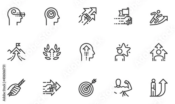 Fototapeta Set of Vector Line Icons Related to Persistence, Determination, Purposefulness, Assertiveness, Striving for Development. Editable Stroke. Pixel Perfect.