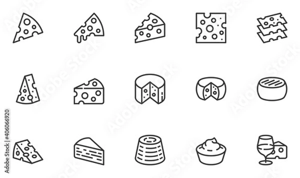 Fototapeta Set of Vector Line Icons Related to Cheese. Parmesan, Mozzarella, Dutch, Ricotta, Blue Chees, Cream Cheese. Editable Stroke. 48x48 Pixel Perfect.