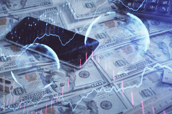 Fototapeta Double exposure of forex graph drawing over us dollars bill background. Concept of financial markets.