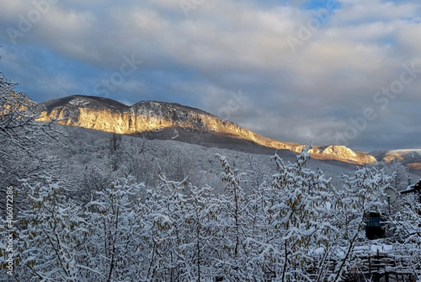 Fototapeta Crimean peninsula. The first snow fell in the mountainous Crimea.