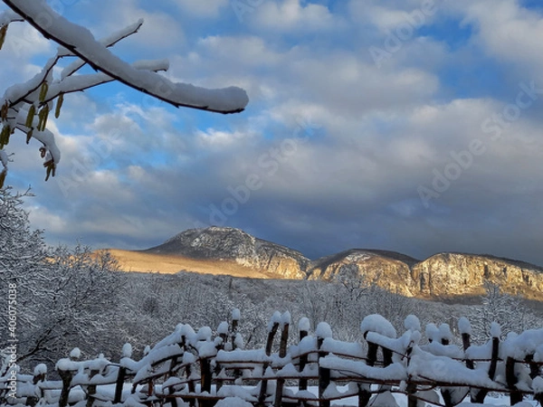 Fototapeta Crimean peninsula. The first snow fell in the mountainous Crimea.