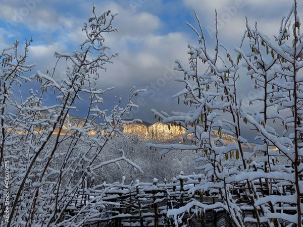 Fototapeta Crimean peninsula. The first snow fell in the mountainous Crimea.