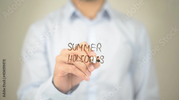 Fototapeta Summer Holidays, Man Writing on Transparent Screen