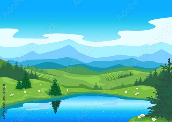 Fototapeta Summer landscape with mountains and lake. Travel and outdoor recreation. Background vector illustration of nature.