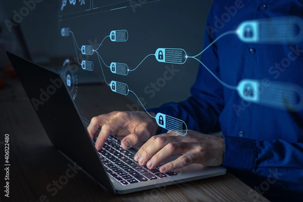 Fototapeta Blockchain financial technology to secure cryptocurrencies as bitcoin for online payments and money transaction. Fintech concept with encrypted ledger blocks chained. Person working on computer