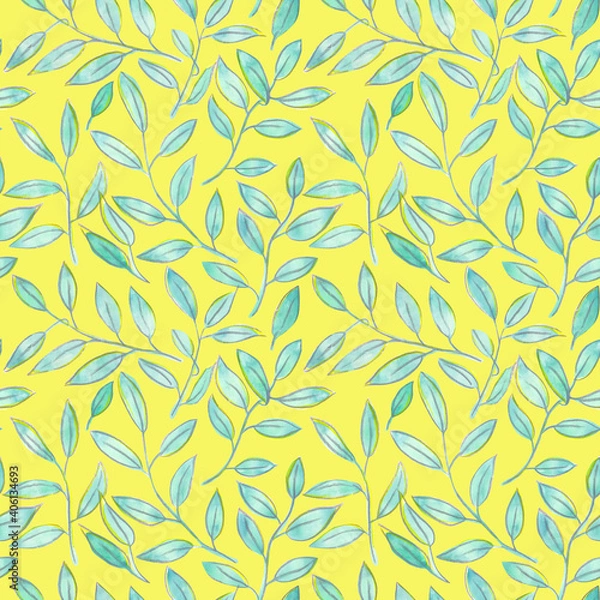 Fototapeta Watercolor and pastel branches with leaves seamless pattern on a yellow background. Hand-drawn greenery endless print. Cute natural wallpaper backdrop.