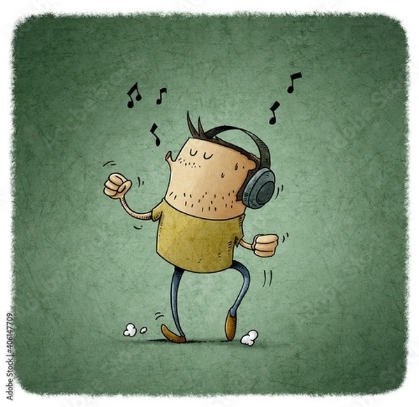 Obraz man with headphones on his head is listening to music while dancing and whistling