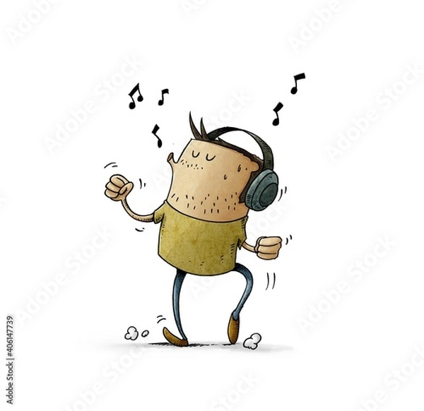 Obraz man with headphones on his head is listening to music while dancing and whistling. isolated