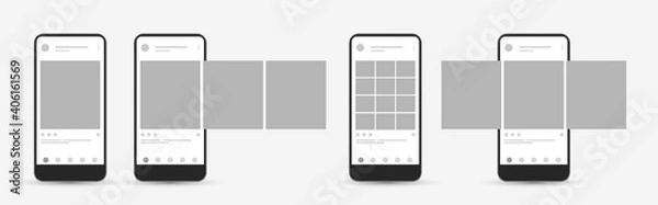Obraz Smartphone mock up with carousel interface post on social network. Social media mobile app page template. Design of the tape profile. Vector illustration