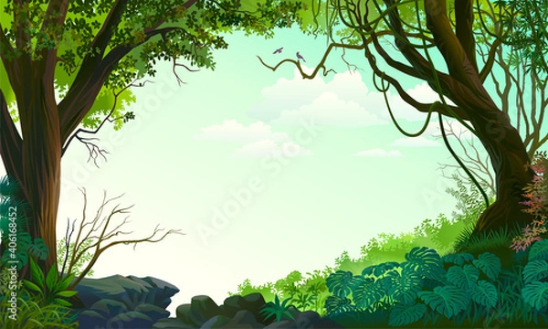 Fototapeta Birds chirping while resting on tree branches. A lush green outfield with rocks, trees, and plants