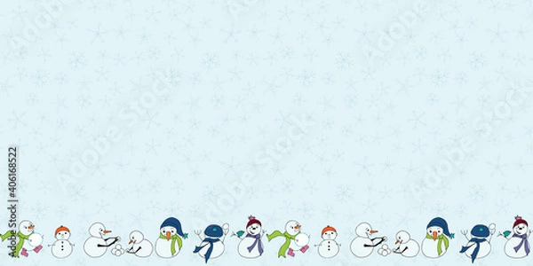 Obraz Snowman border with flakes colorful seamless vector border surface pattern design