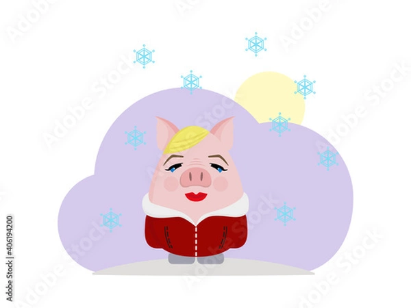 Fototapeta Postcard with female pig on violet background, cute cartoon vector illustration