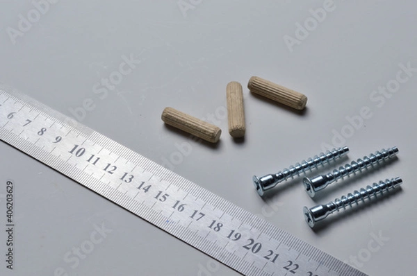 Fototapeta a ruler, a furniture screw and a wooden dowel lie on a light background. close-up.