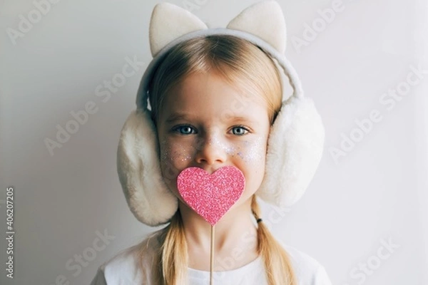 Fototapeta Lovely little girl with paper hearts. Valentines day. Portrait of a child holding pink valentine.