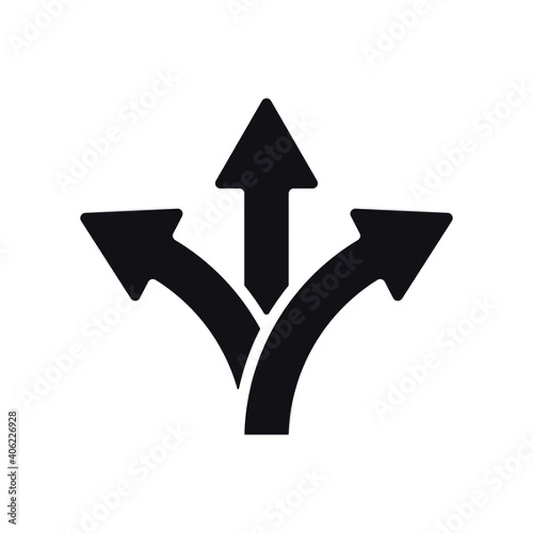 Fototapeta Three-way directional arrow in flat style. Vector illustration. Road direction icon isolated. Vector icon of branching three arrows.