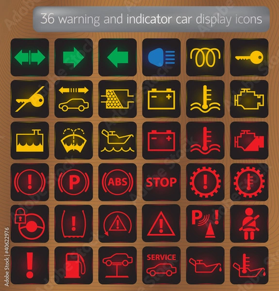 Obraz Warning and indicator car display icons set